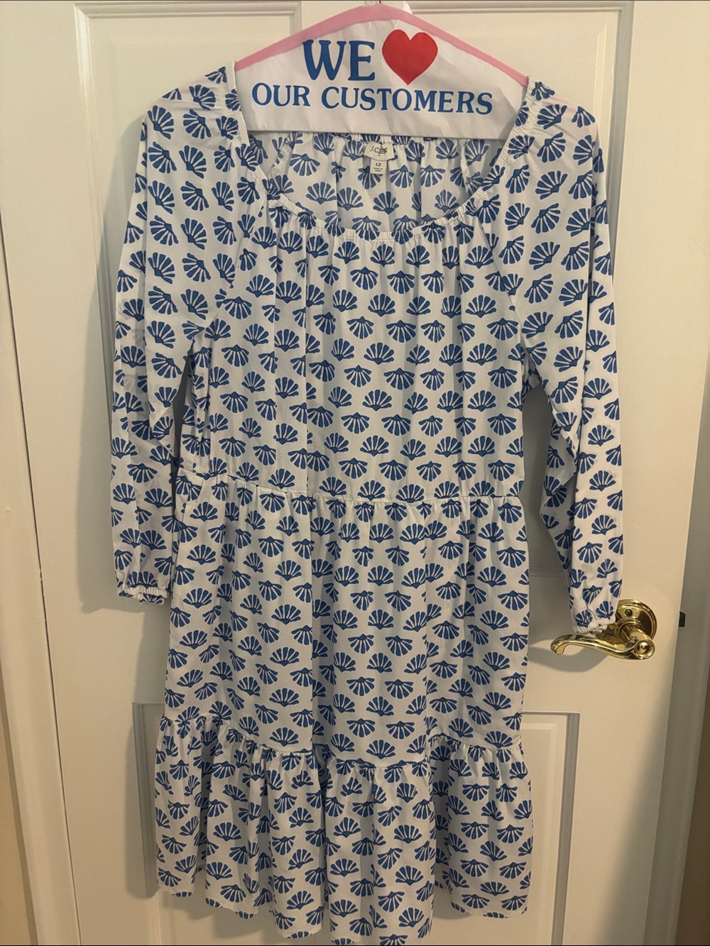J. Crew White Dress with Blue Shell Print - Long Sleeve Tiered